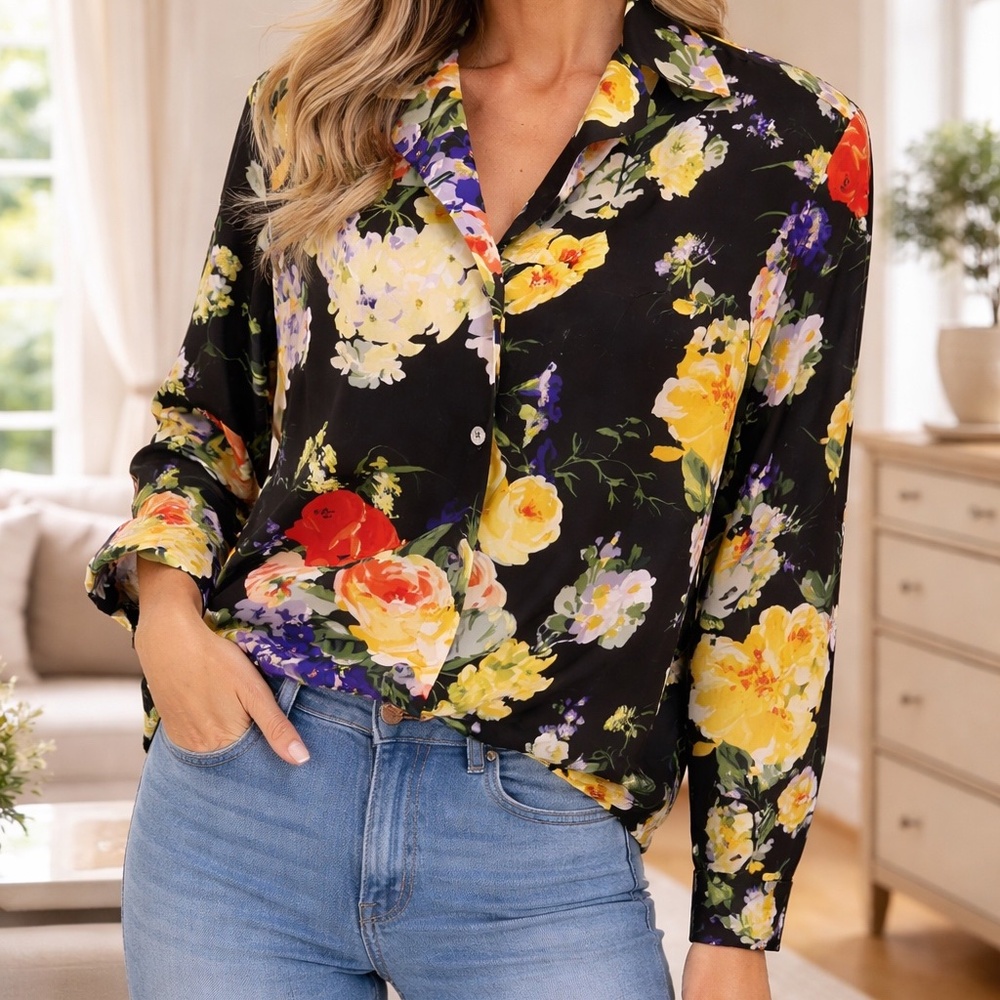 Linda Allard for Ellen Tracy Floral Silk Blouse – Size 6 Petite